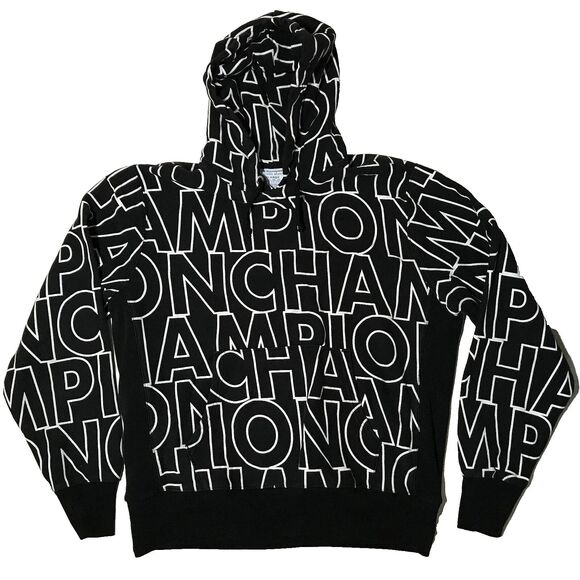 Champion Reverse Weave AOP Hoodie Mens LARGE Black White Pullover Sweatshirt - Picture 1 of 3